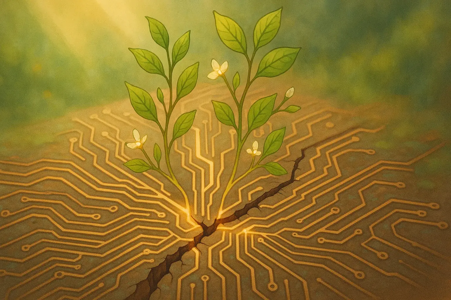 Glowing circuit board entwined with green leaves, symbolizing EwasteTherapy.pro's core belief in tech and nature for safe
