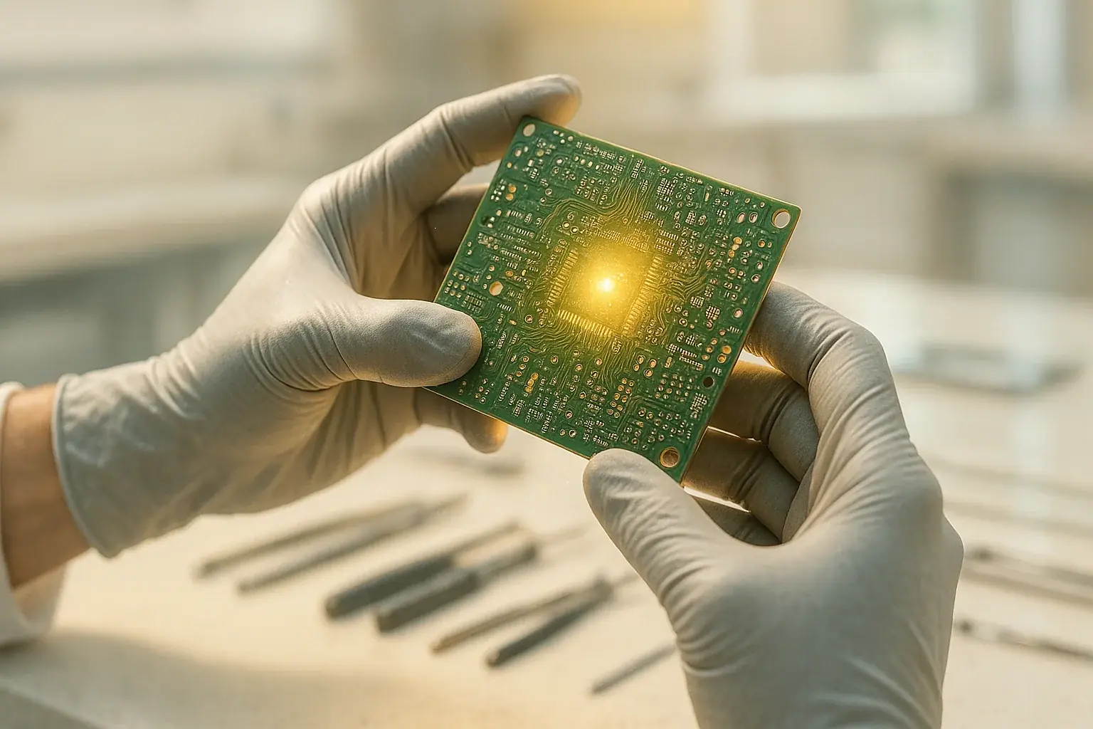 Gloved hands carefully work on a circuit board. A clean, bright setting and soft glow affirm our e-waste safety pledge.