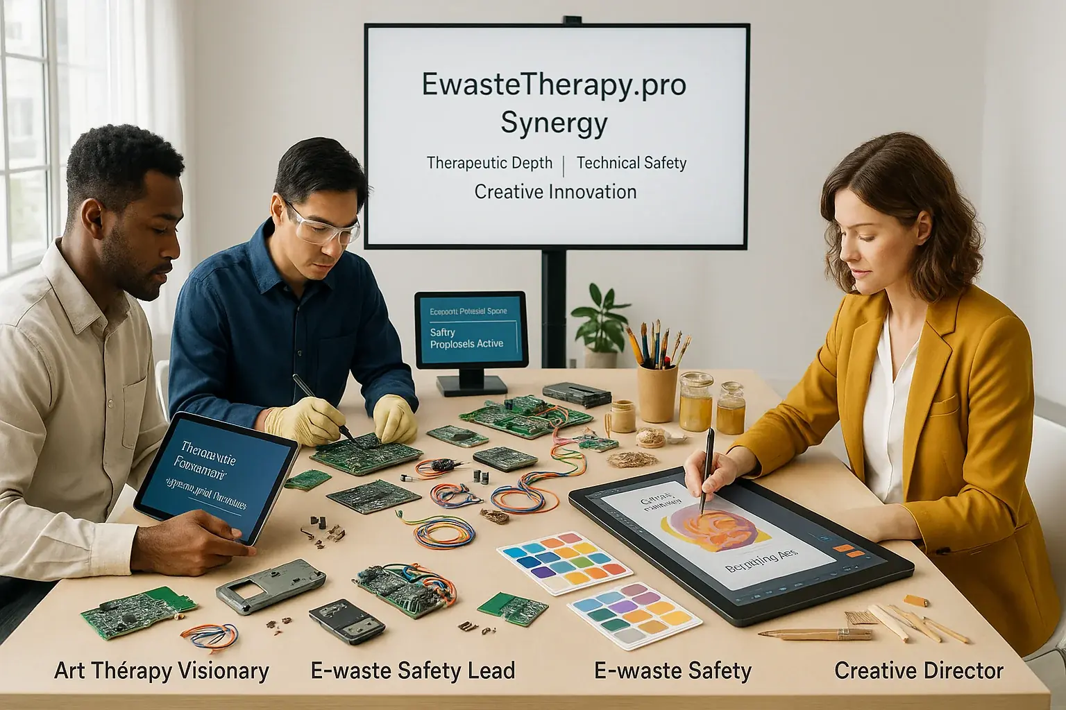 Diverse conceptual team for EwasteTherapy.pro (art, tech, creative) collaborating with e-waste & art in a bright studio.