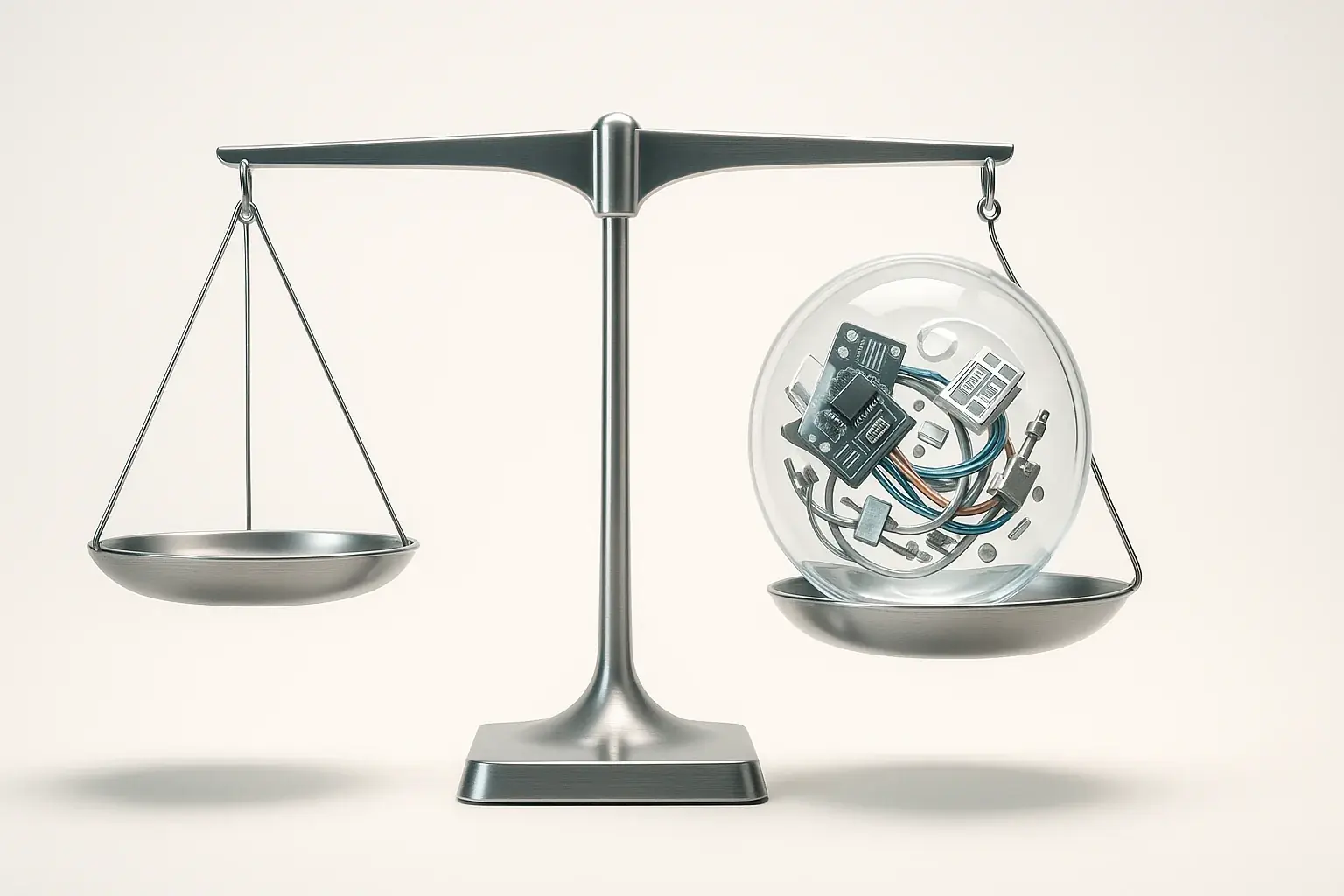 Transparent, glowing sphere with e-waste on balanced scale: ethical, transparent, responsible sourcing.