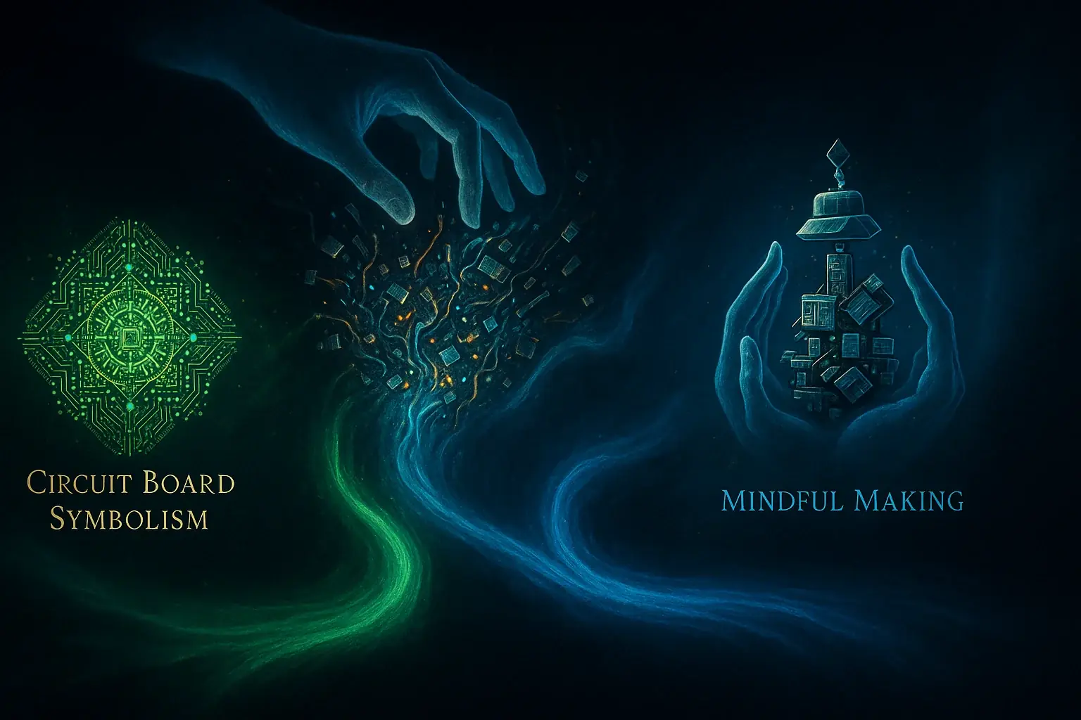 Mystical hand in electronics vortex, guiding choice of vibrant path to symbolic e-waste art.