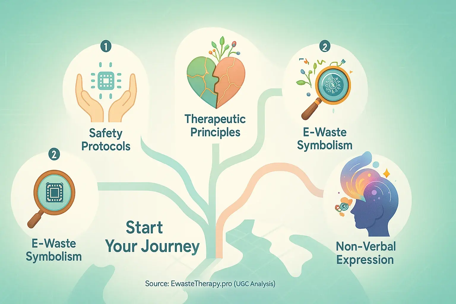 Stylized map: labeled pathways branch to symbols of e-waste art therapy&#x27;s core pillars, guiding your journey.