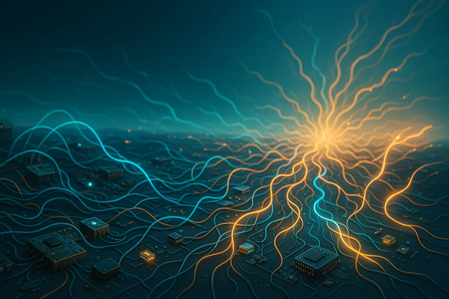 Intricate, glowing e-waste network extending to a futuristic horizon, symbolizing continuous growth and future exploration.