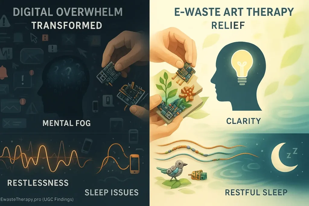Infographic: E-waste art ritual transforms digital overwhelm symptoms (e.g., mental fog) from digital chaos to natural