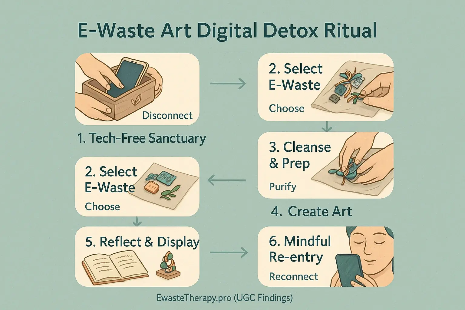 6-step flowchart for E-Waste Art Digital Detox Ritual: disconnect, select, clean, create, journal, mindful use.