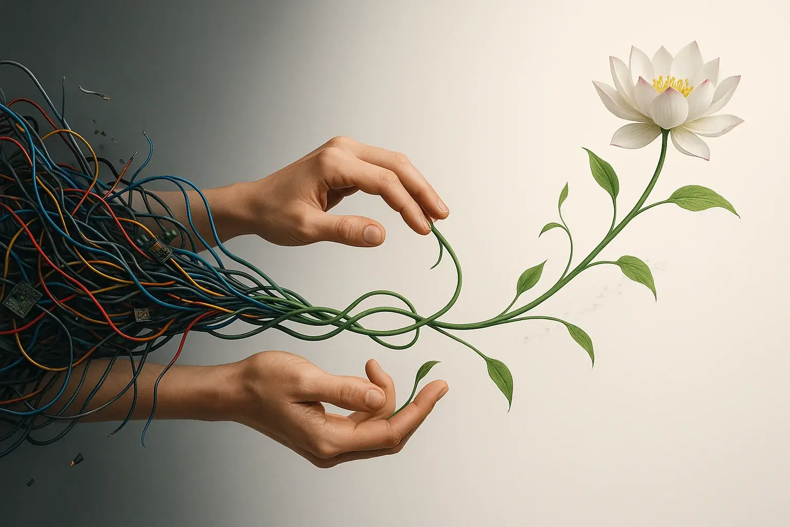 Hand turns e-waste wires to a flower, tech dissolves to nature, for digital detox, mental clarity, and e-waste art.