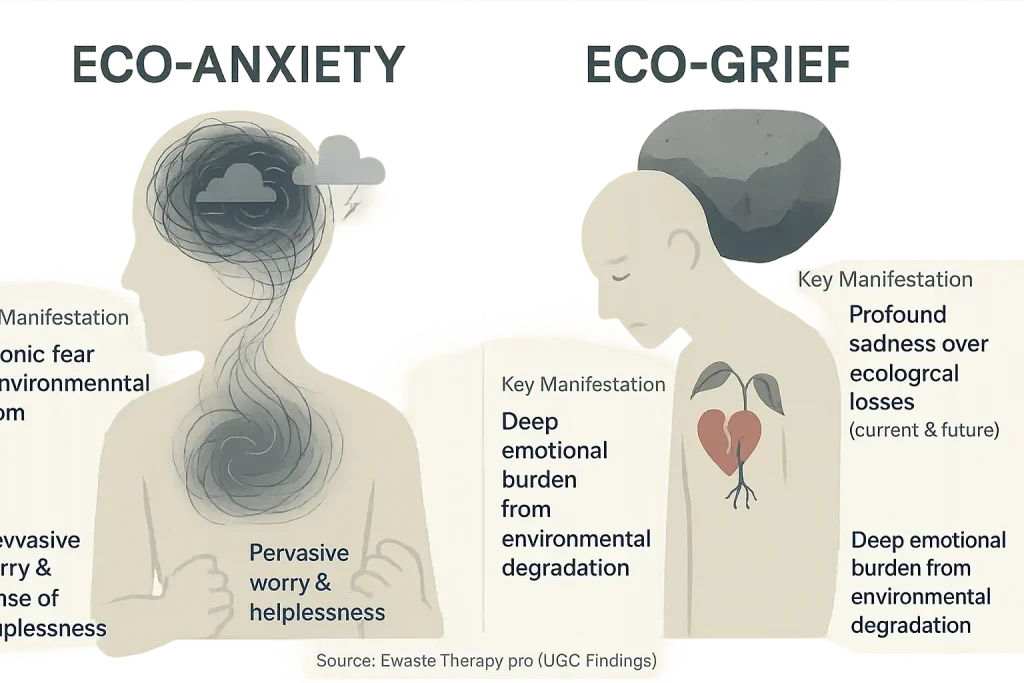 Infographic: How eco-anxiety & eco-grief manifest via common emotional (despair, anxiety) & physical (fatigue, insomnia)