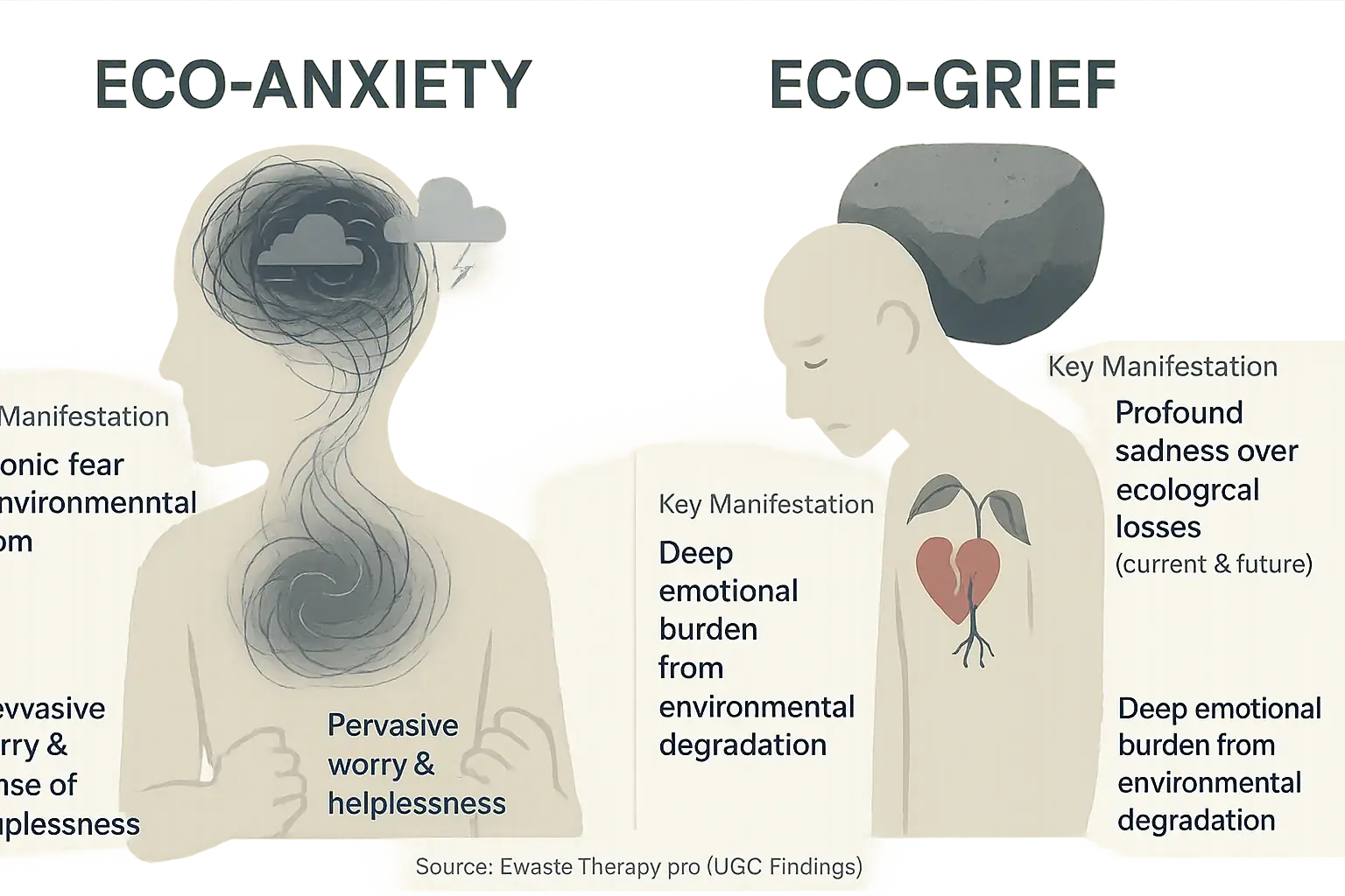 Infographic: How eco-anxiety & eco-grief manifest via common emotional (despair, anxiety) & physical (fatigue, insomnia)