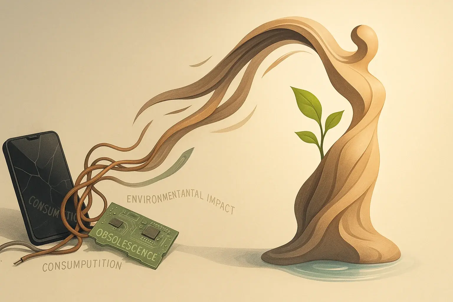 E-waste (circuits, screens, wires) transforms into hopeful art, a green sprout symbolizing environmental renewal.