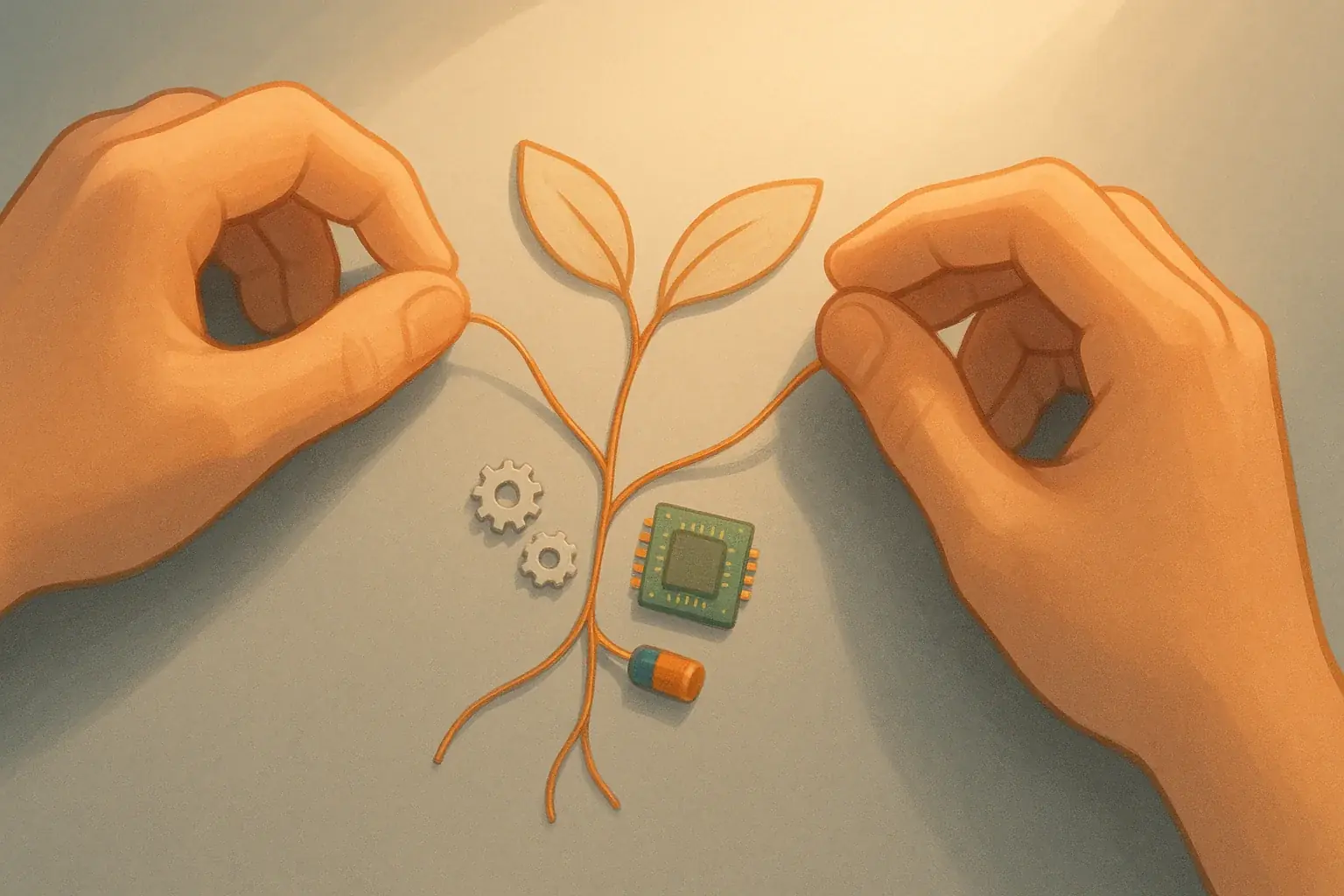 Hands carefully arrange e-waste (wires, chips, gears) into a healing, growing symbol; a mindful art technique.