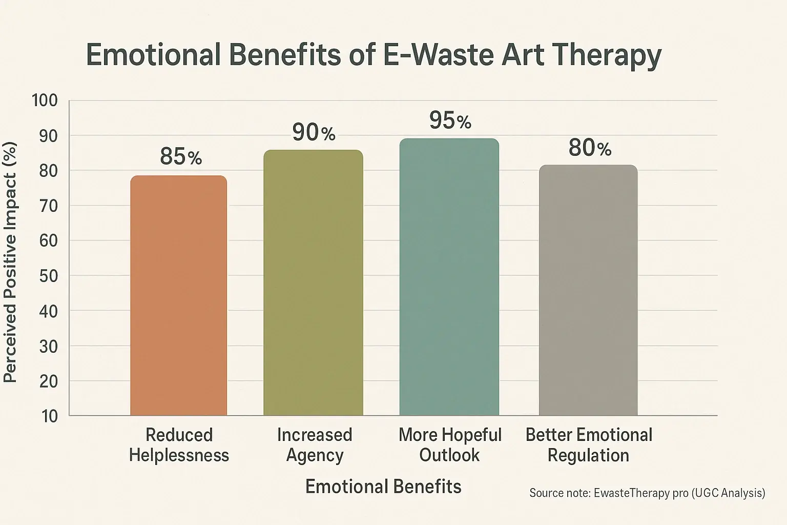 Bar chart: E-waste art's emotional benefits for eco-anxiety—less helplessness, more agency, hope, better regulation.