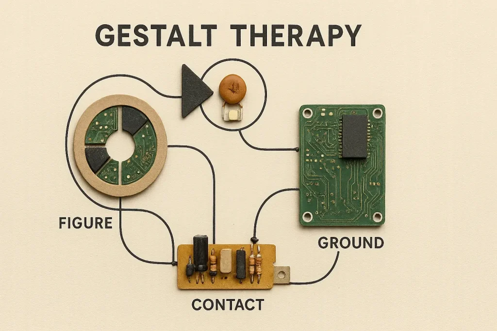 Key Gestalt principles (Wholeness, Figure/Ground, Unfinished Business) visually represented with abstract e-waste components