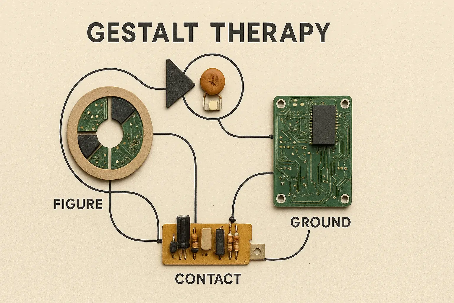 Key Gestalt principles (Wholeness, Figure/Ground, Unfinished Business) visually represented with abstract e-waste components