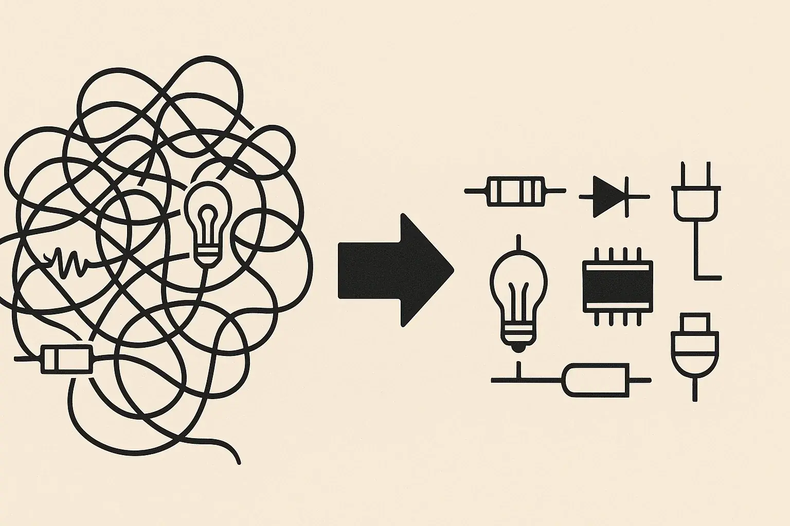 Unfinished business, visualized as tangled e-waste, transforming into organized, connected circuits.
