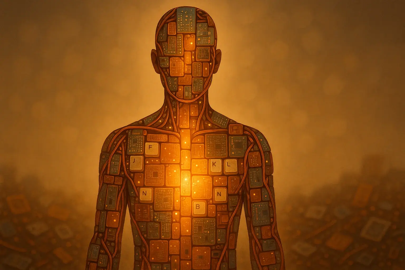 Glowing human silhouette of harmoniously integrated e-waste, symbolizing wholeness, self-acceptance, and deeper integration.