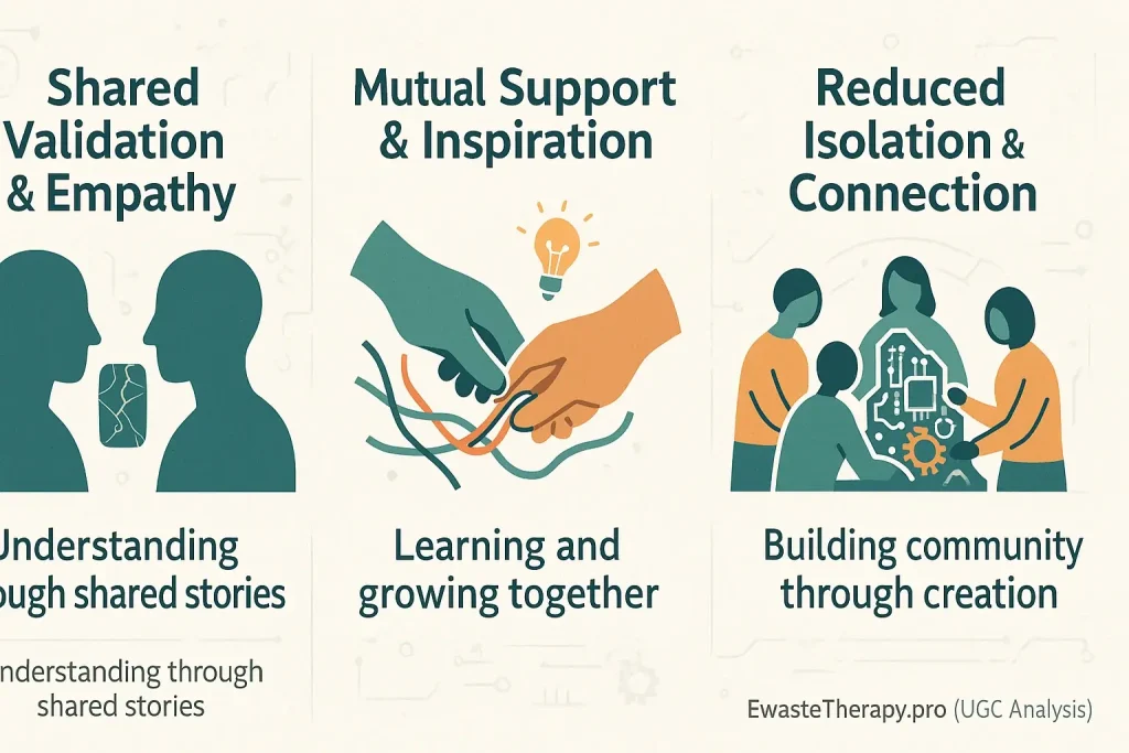 Infographic: Key e-waste art group healing benefits—connection, shared experience, support—with icons.