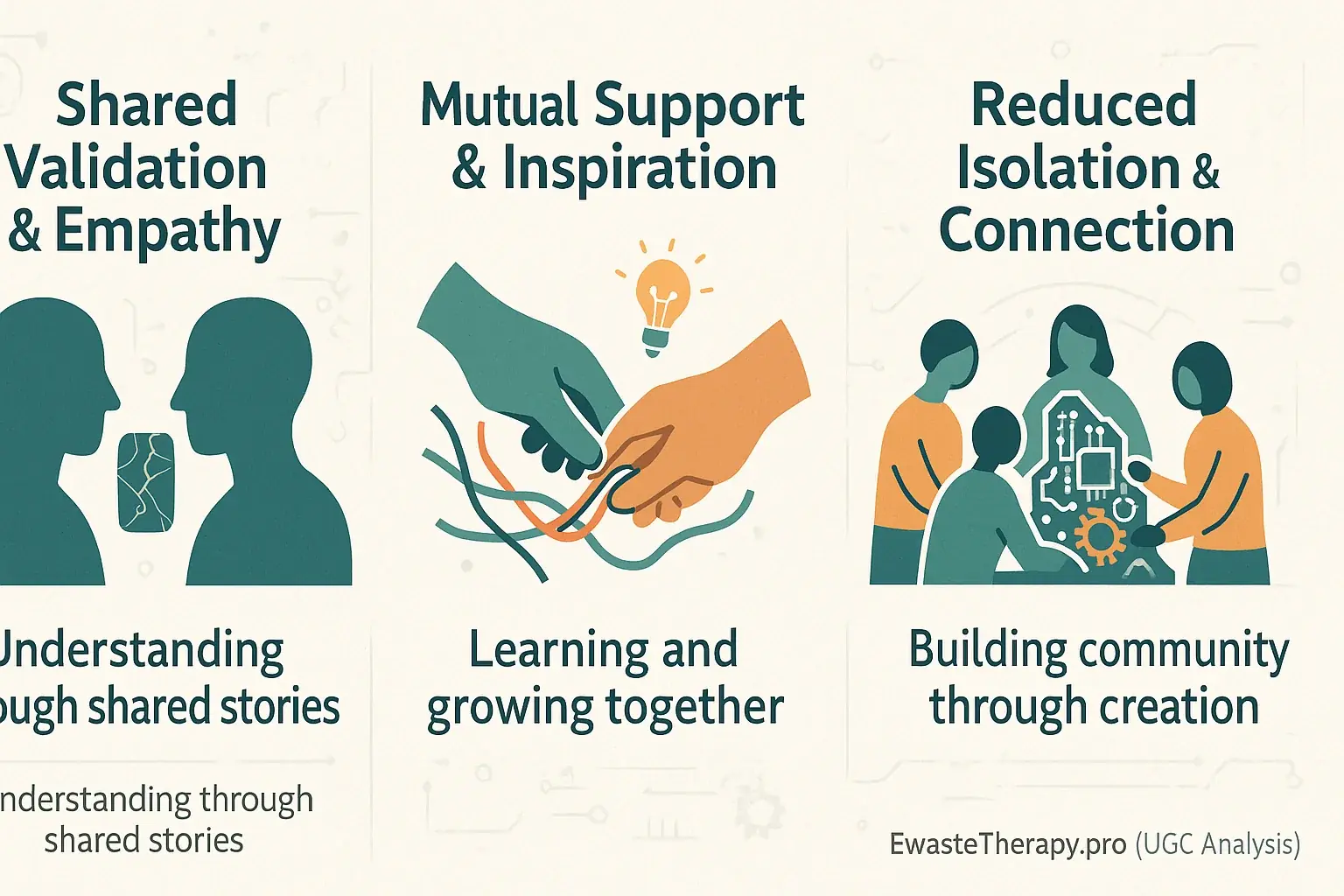 Infographic: Key e-waste art group healing benefits—connection, shared experience, support—with icons.