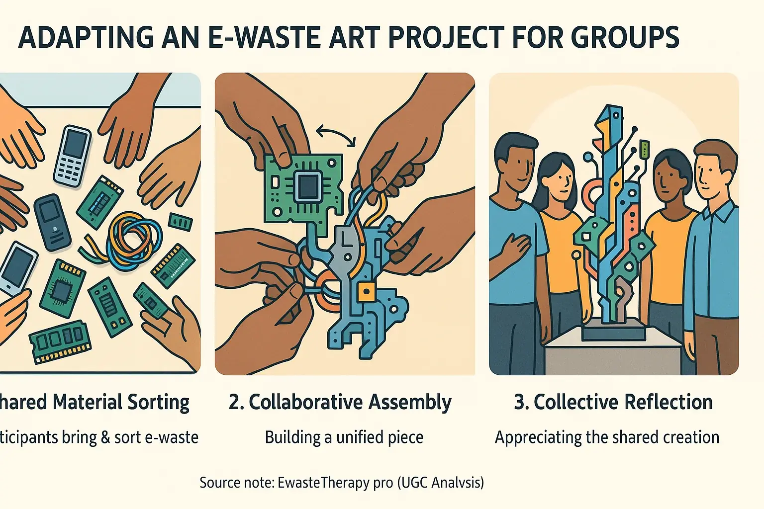 Infographic: Visual steps adapting solo e-waste art to group projects: sorting, assembly, reflection.