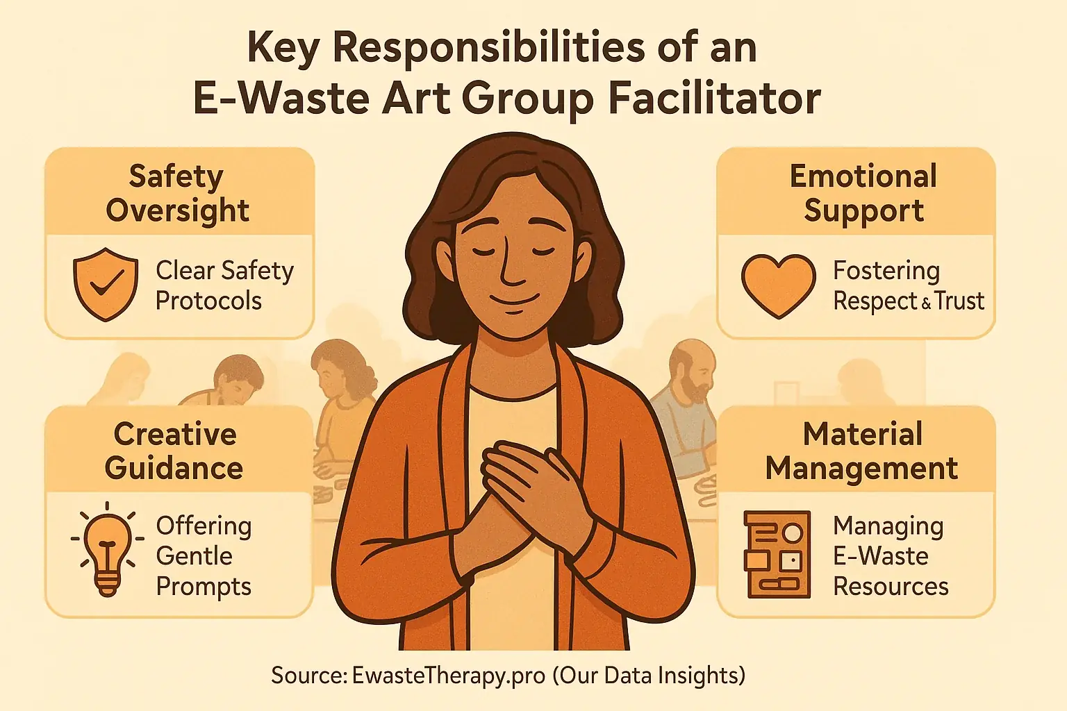 Infographic: E-waste art facilitator's key responsibilities—safety, emotional support, creative guidance, material