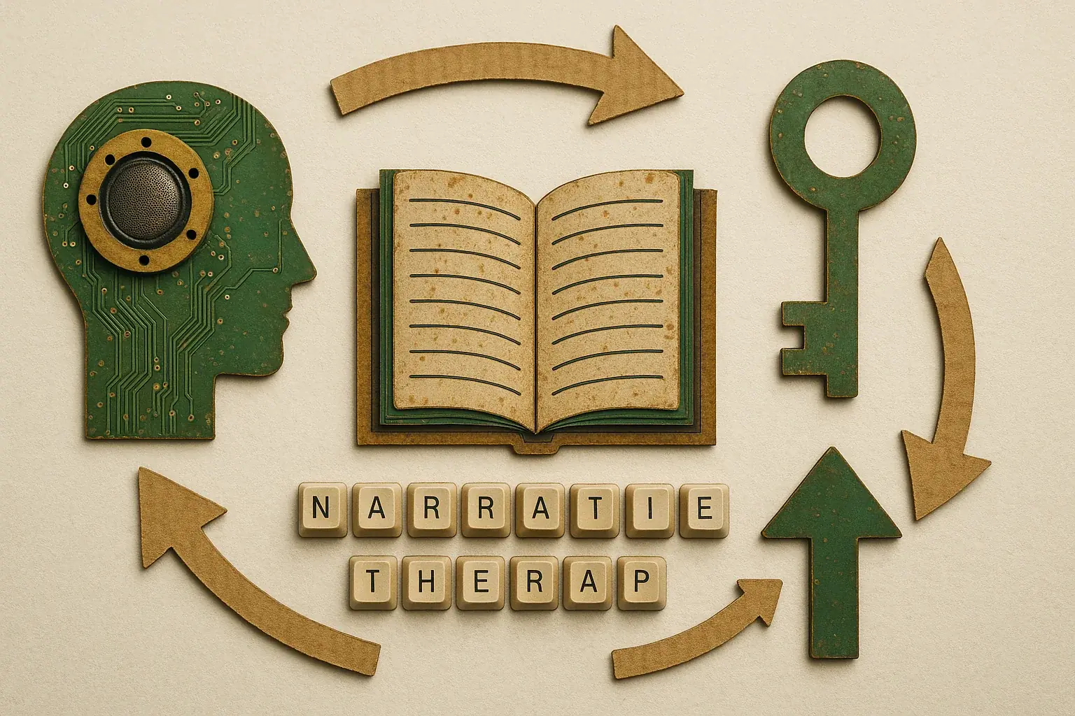 Key concepts of Narrative Therapy (Externalizing, Re-authoring) visually represented with e-waste components