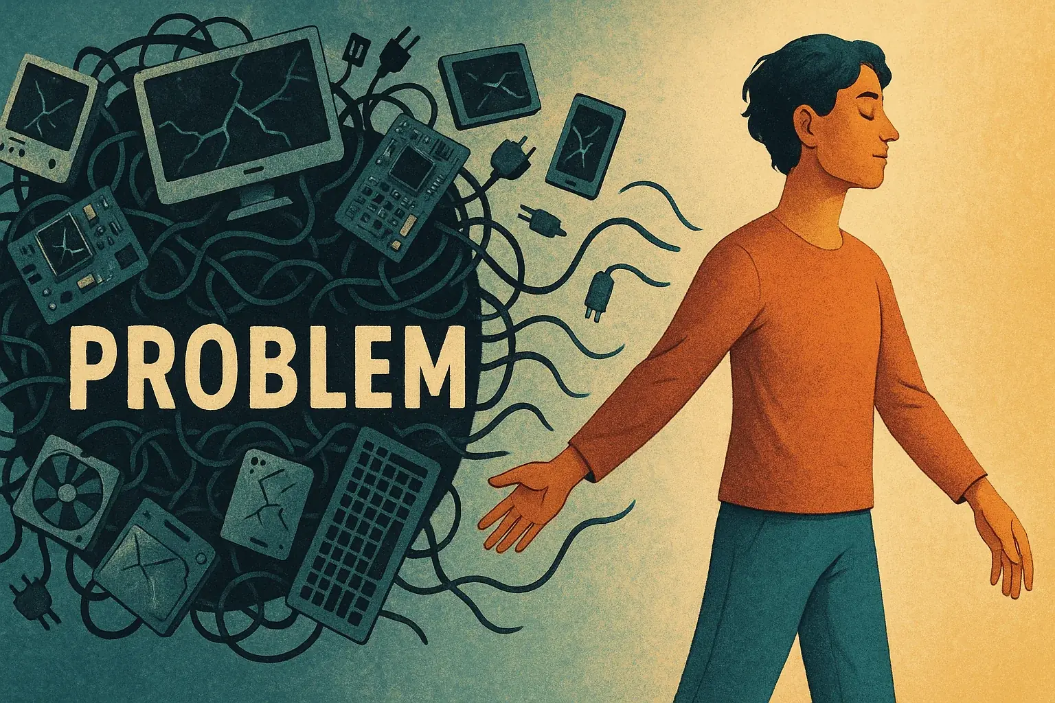 A person physically separating a symbolic 'problem' (represented as tangled e-waste) from themselves, showing relief