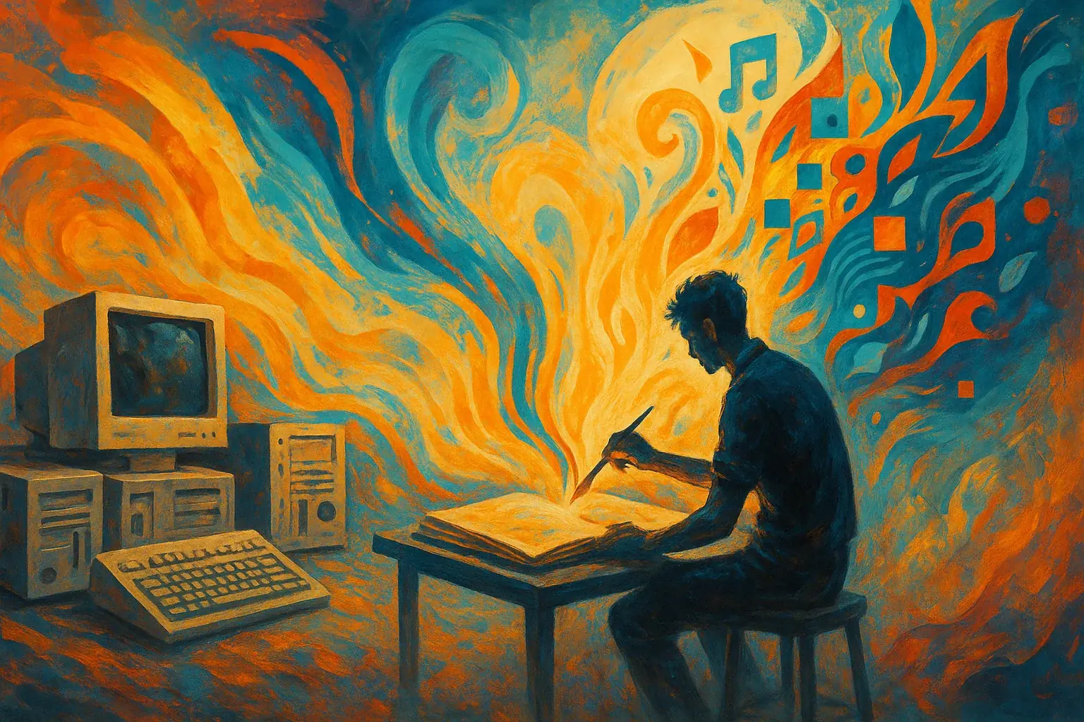 The process of 're-authoring' a life narrative, showing old story (broken tech) transforming into new story (beautiful