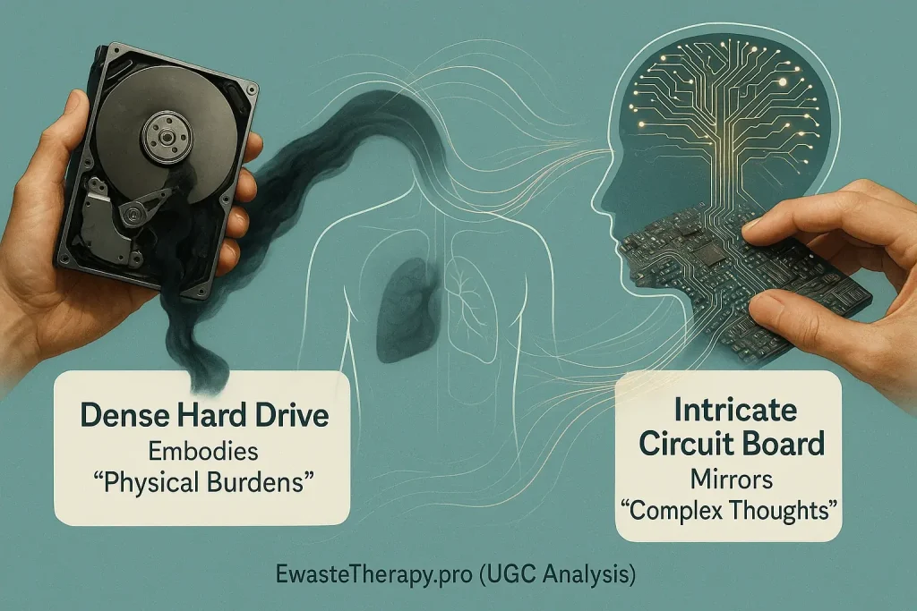 Infographic showing the interconnectedness of body sensations, e-waste materials, and emotional processing in somatic art