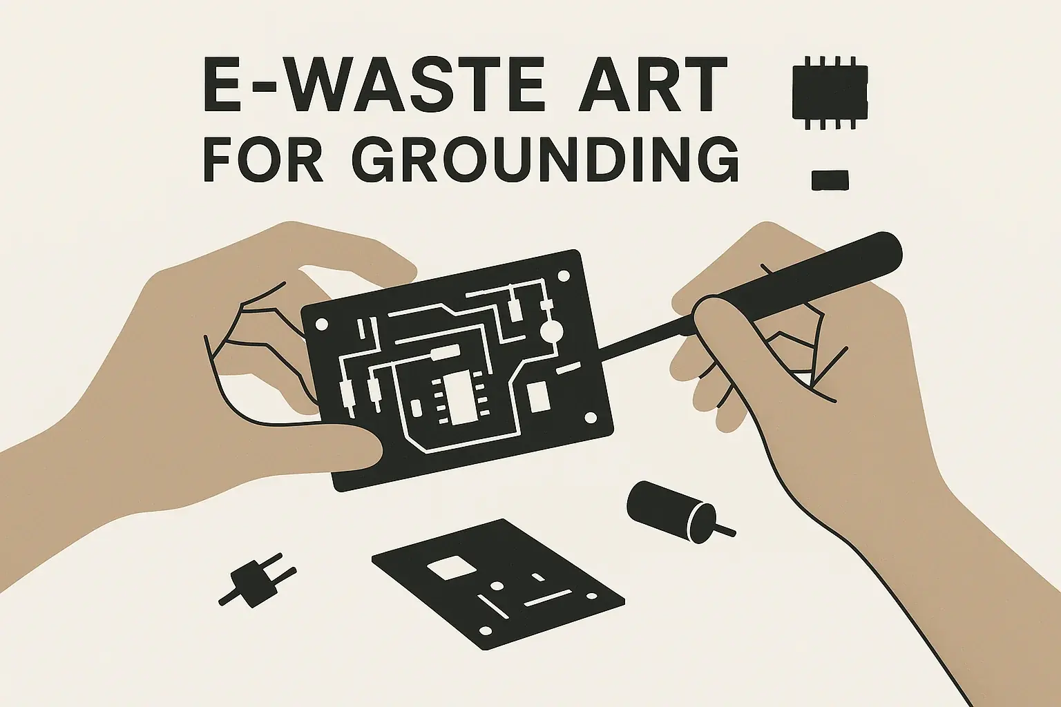 Infographic showing a person engaged in repetitive e-waste art actions (e