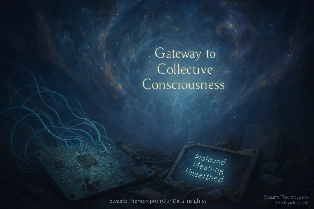 Ethereal e-waste circuits and wires merging into cosmic forms, symbolizing transpersonal connection to collective