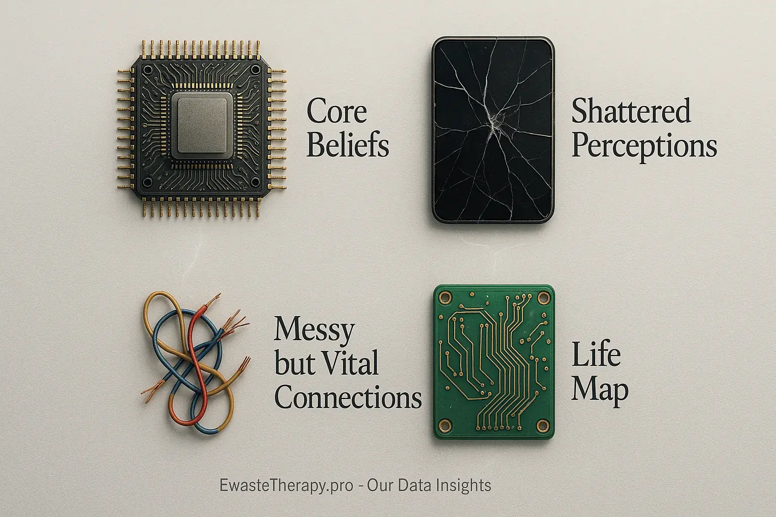 Symbolic e-waste (chip, wire, screen, key) paired with archetypes: knowledge, connection, perception, voice.