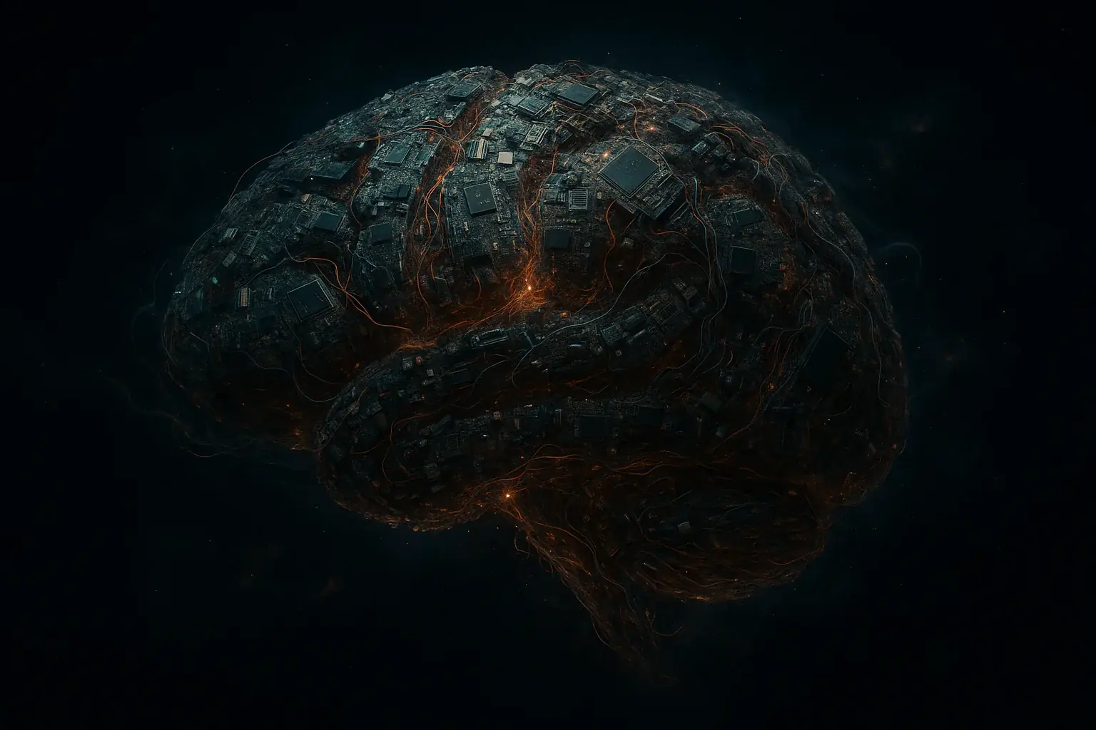 Vast, interconnected e-waste components (circuits, wires) form a futuristic, brain-shaped network, echoing collective tech