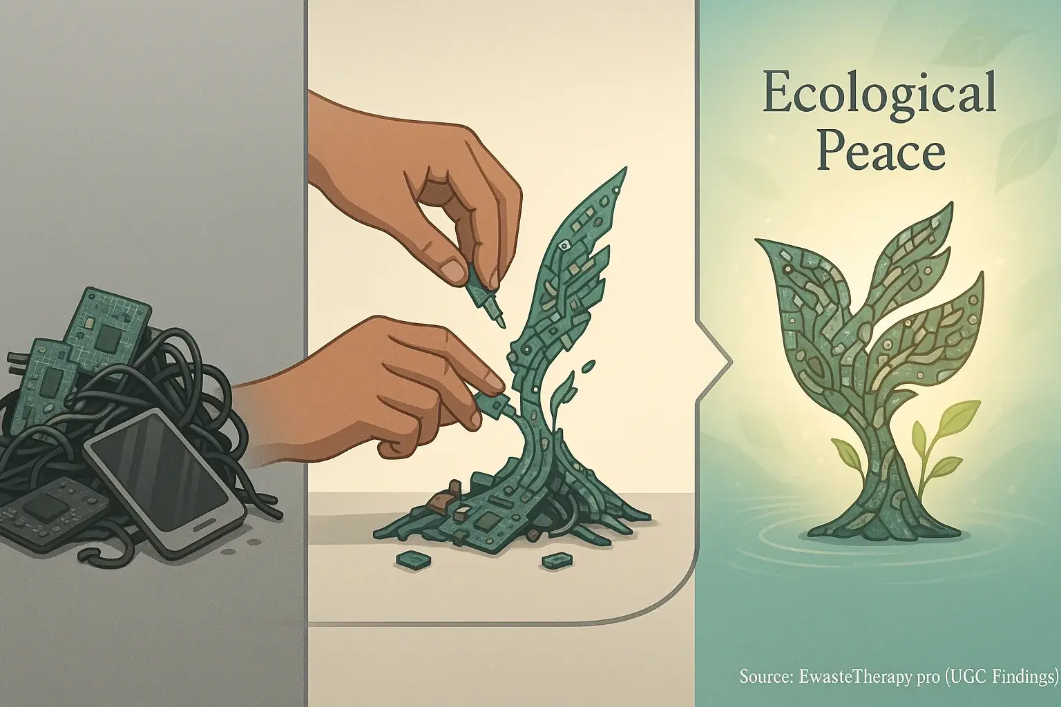 Infographic: E-waste pile becomes art via hands, radiating light &amp; nature, symbolizing ecological healing &amp; spiritual growth.