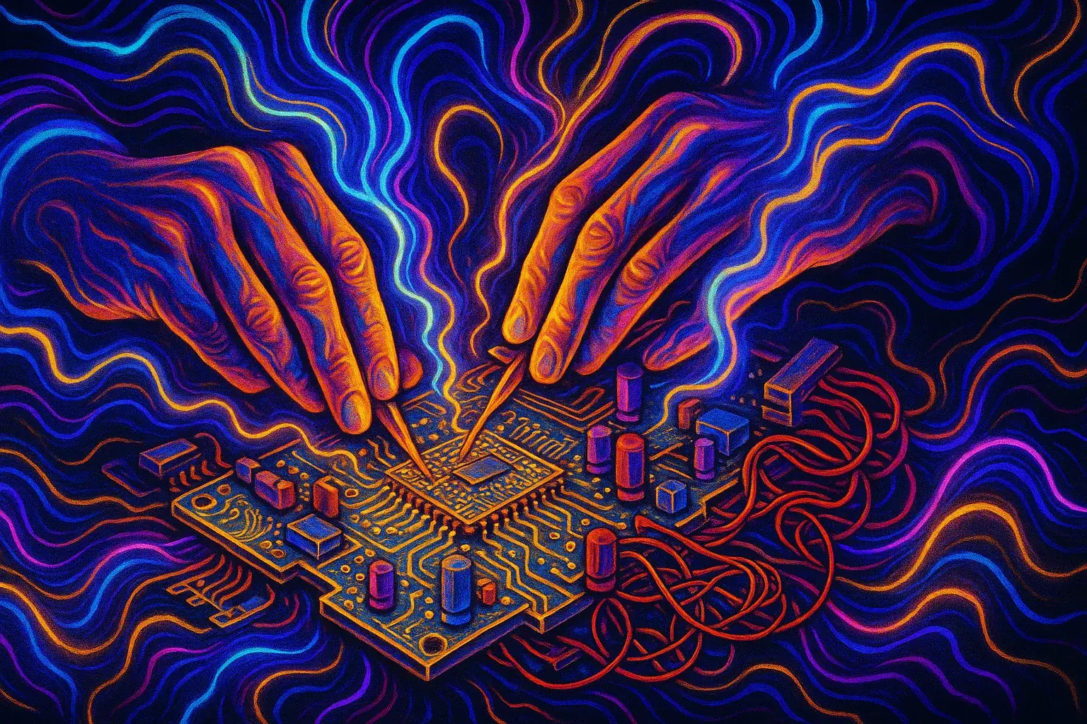Abstract hands shaping e-waste, engulfed in swirling psychedelic energy, symbolizing focused flow and transcendence.