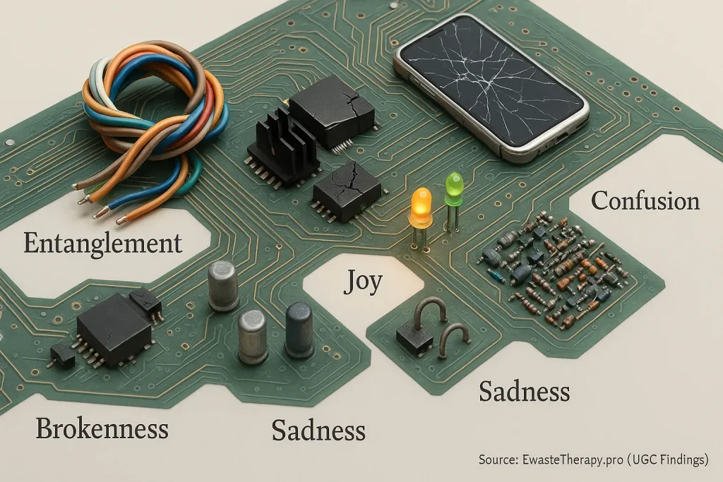 Infographic: E-waste circuit board parts symbolizing emotions (joy, sadness, anger, confusion) as non-verbal language.
