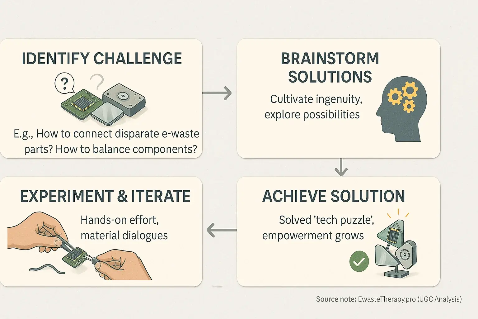 Flowchart: E-waste art problem-solving—identify challenge, brainstorm, experiment, achieve solution—turning fragments into