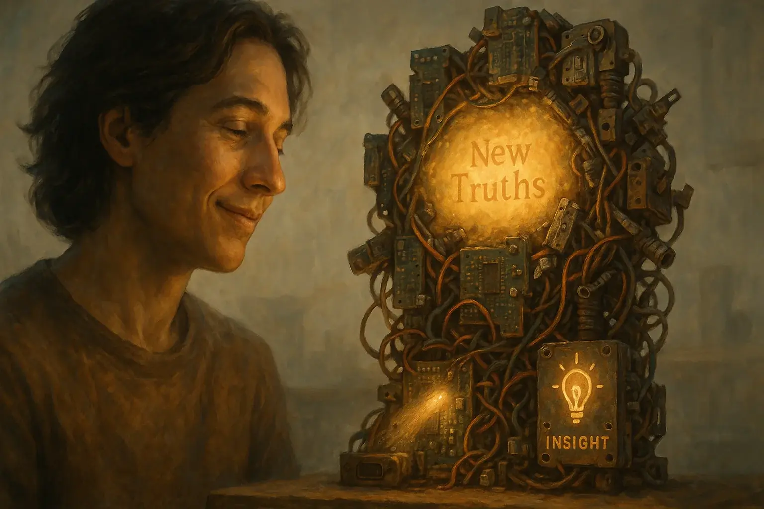 Person with calm, insightful gaze at their glowing e-waste art, symbolizing joy and self-discovery via recycled tech.