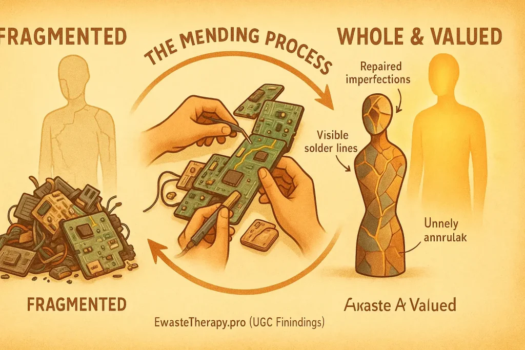 Infographic: E-waste's cyclical repair into art mirrors personal healing from fragmented to whole.