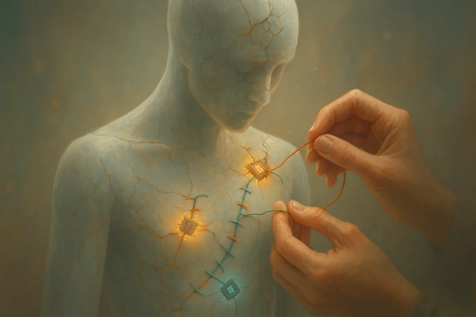 Hands mend a cracked silhouette with glowing e-waste, a metaphor for repair from circuit boards to self-healing.