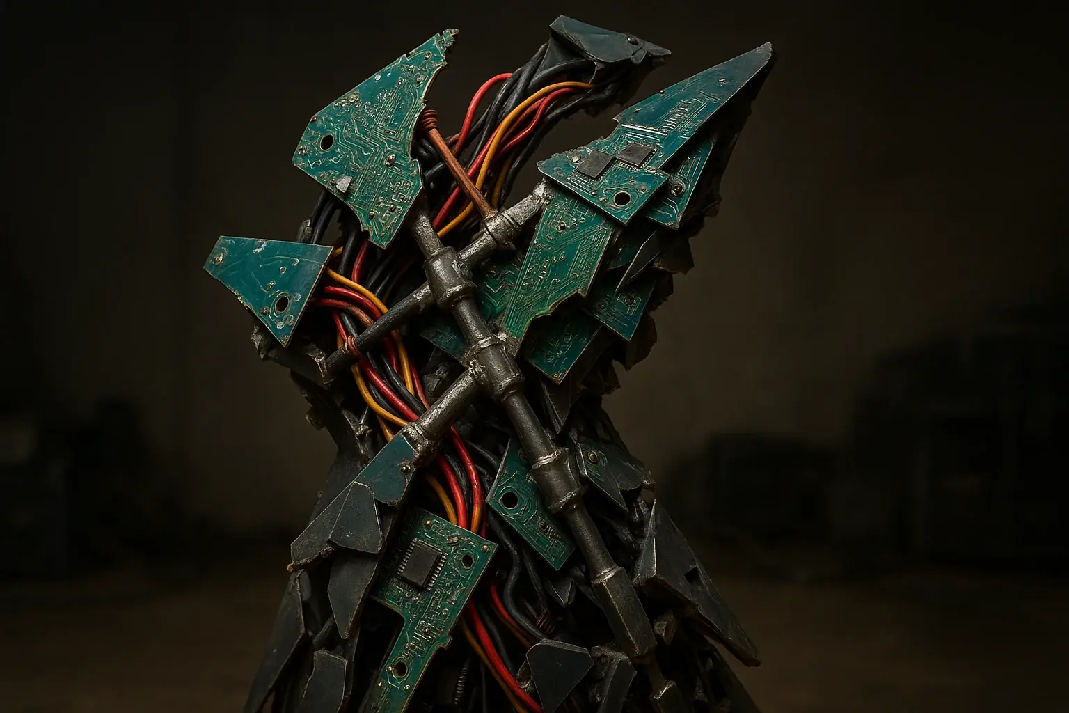 E-waste (circuits, wires) rebuilt into an abstract sculpture with strong, visible connections, showing resilience and new