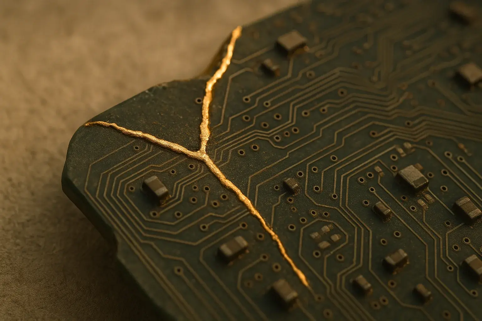 E-waste art close-up: a repaired crack, warmly lit, embodying Wabi-Sabi's beauty in imperfection.