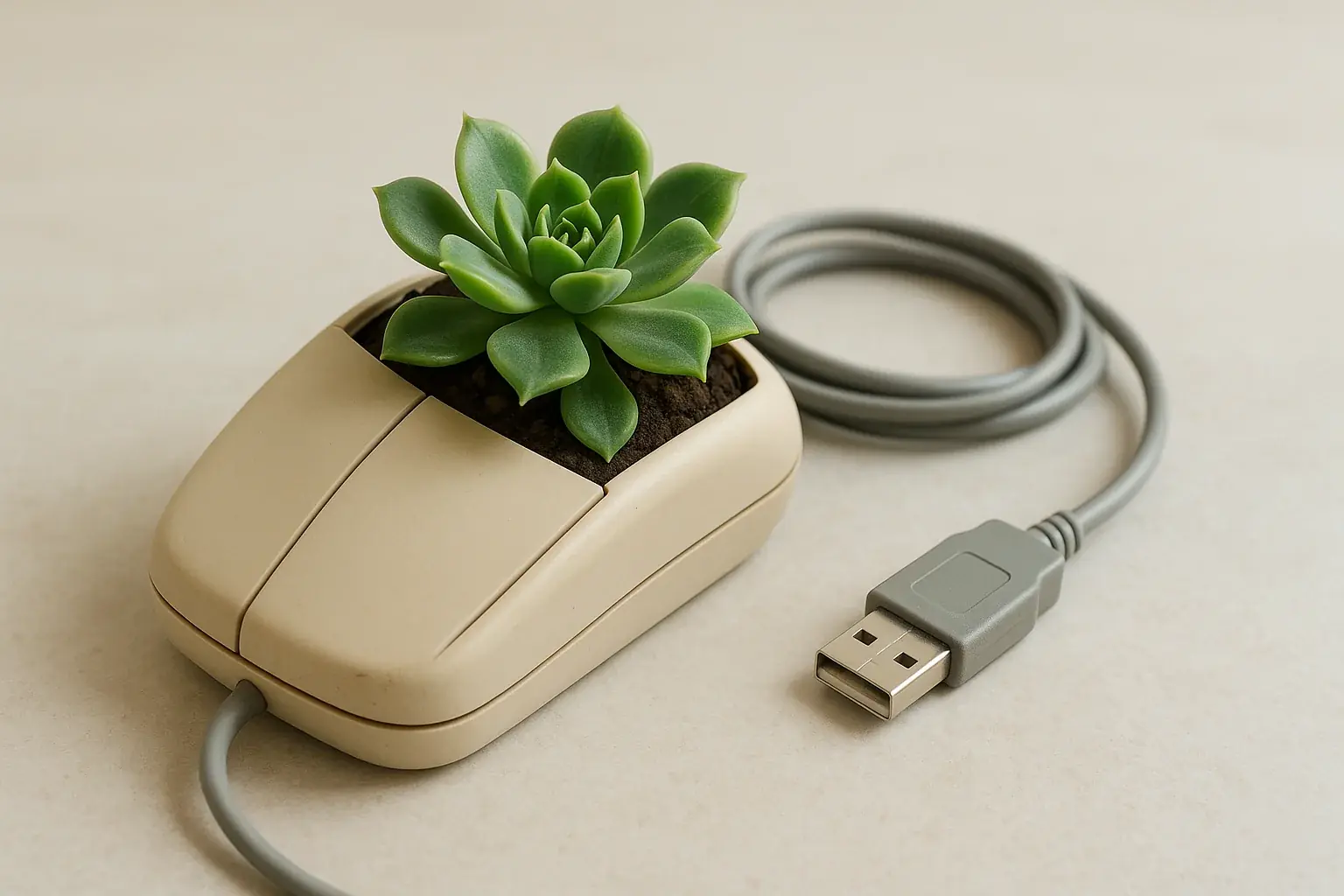 Old computer mouse casing, now an elegant minimalist succulent planter, contrasting its tech past with vibrant new life.