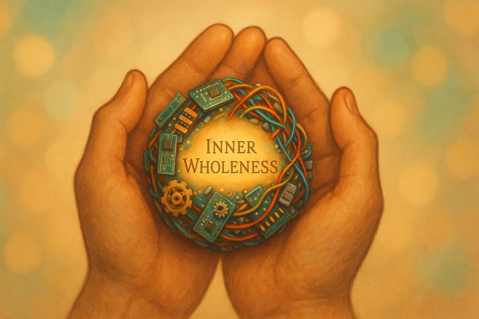 Hands gently hold a small, harmonious e-waste artwork, complete from fragments, symbolizing repair and wholeness.