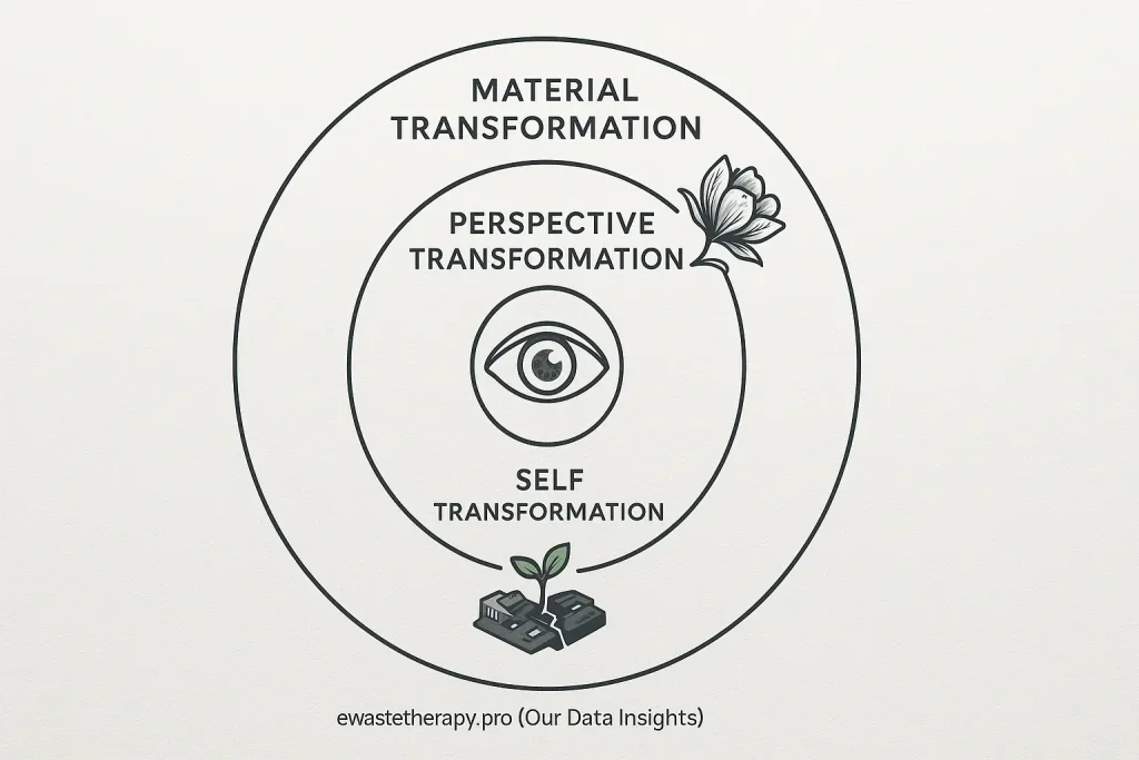 Infographic: E-waste art therapy's personal alchemy shown in 3 concentric layers—material, perspective, self—with symbolic