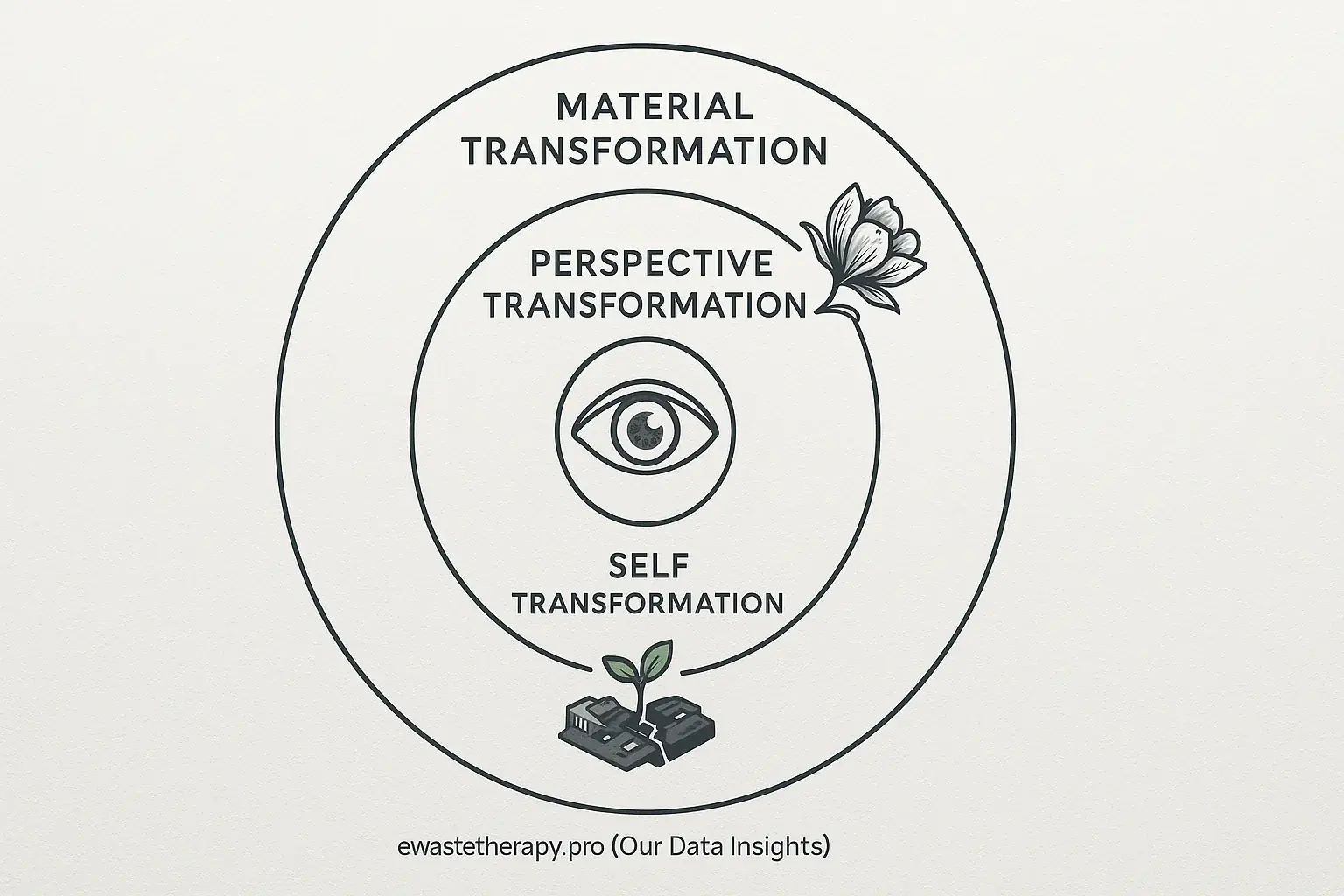 Infographic: E-waste art therapy's personal alchemy shown in 3 concentric layers—material, perspective, self—with symbolic
