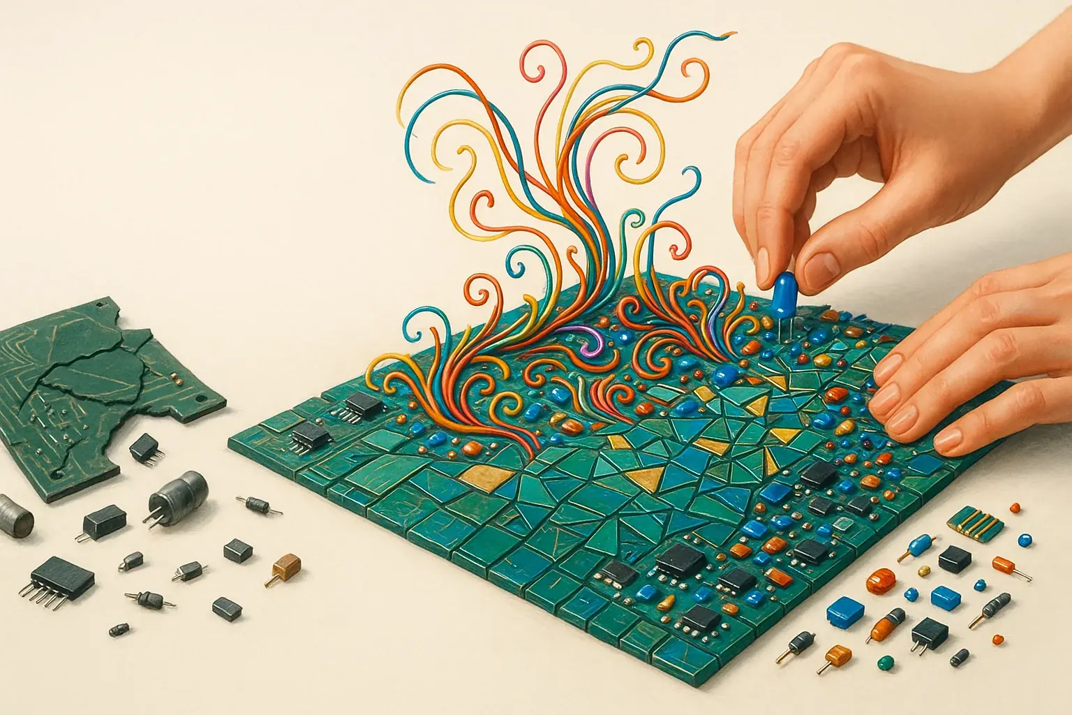Discarded circuit board components, assembled by hands, transform into divine abstract art, showing material rebirth.