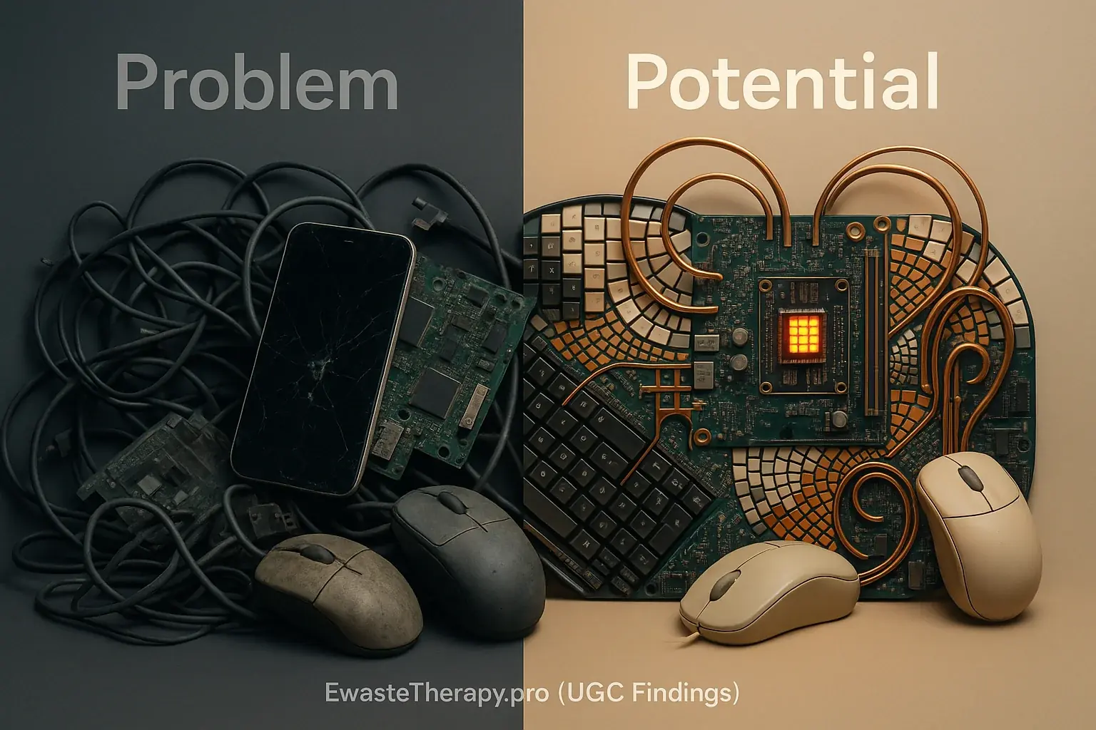 Split infographic: Messy e-waste ('Problem') contrasts with e-waste art ('Potential'), showing perspective shift.