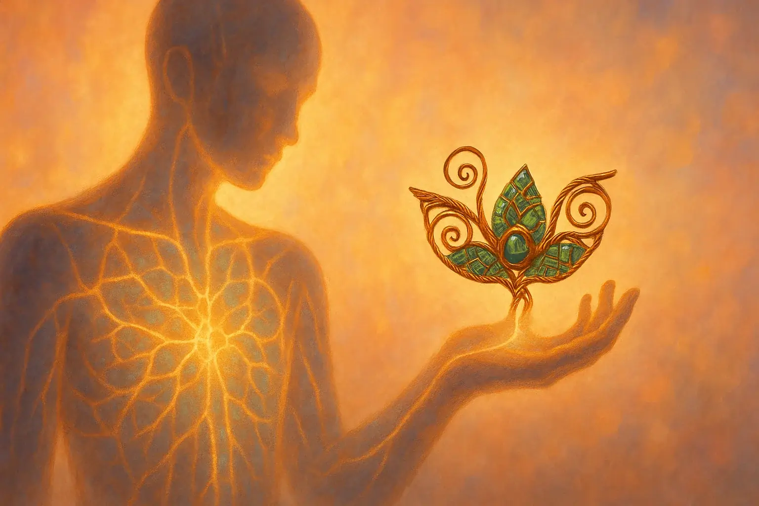 Abstract silhouette, inner glowing paths connect to hand holding e-waste art, illustrating creative self-transformation.