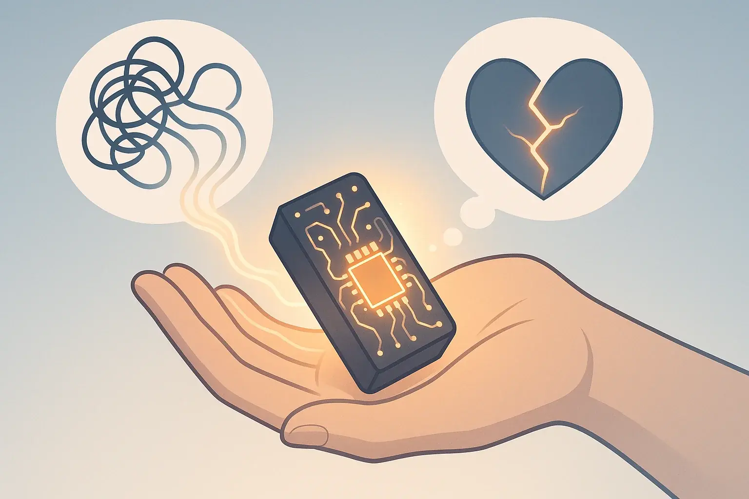 Hand touches glowing, stylized e-waste, sparking thought bubbles: mending heart, untangled knot, symbolizing transformation.