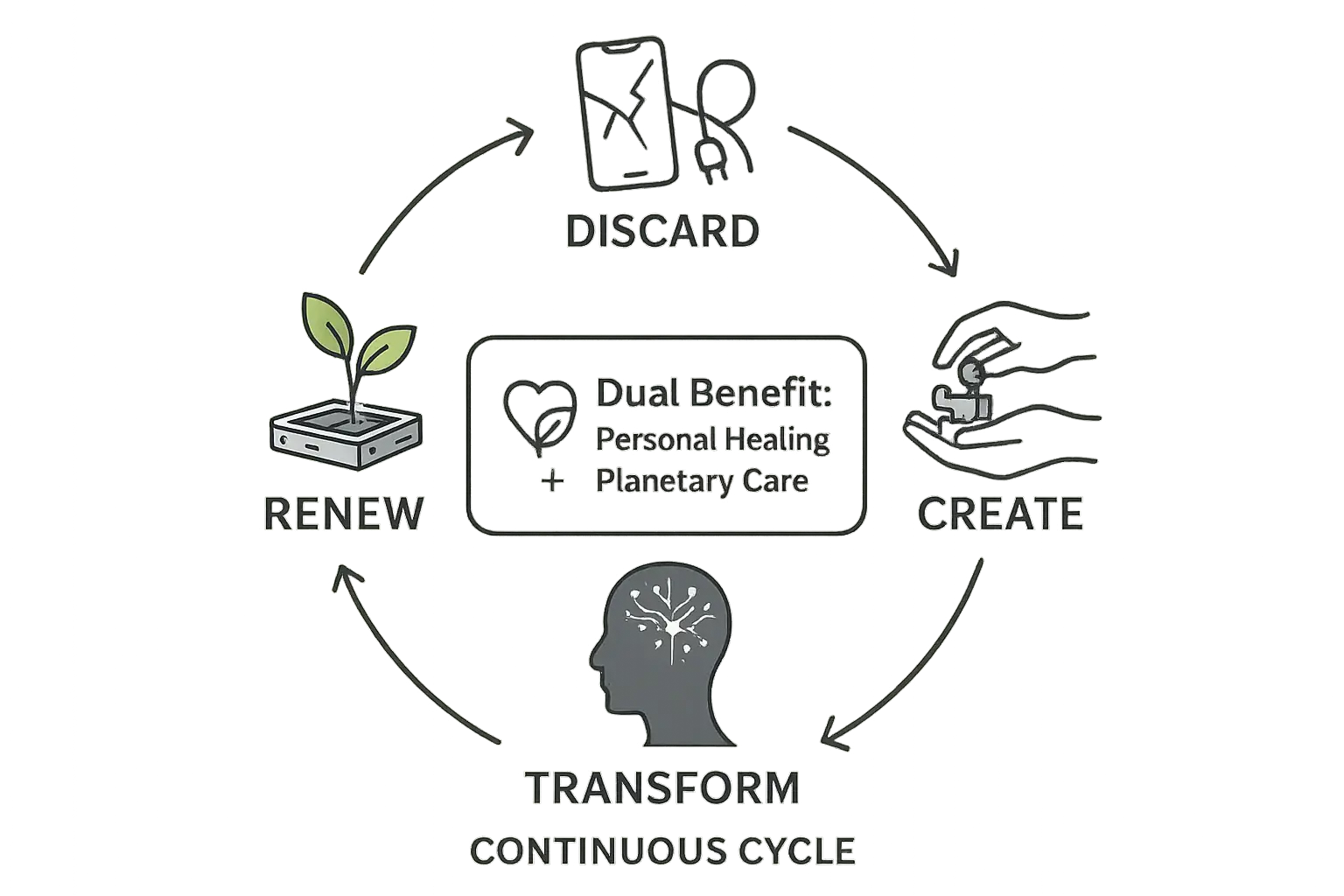 Symbolic cycle diagram: E-waste to art, personal transformation, renewal, new discard, looping to art creation.