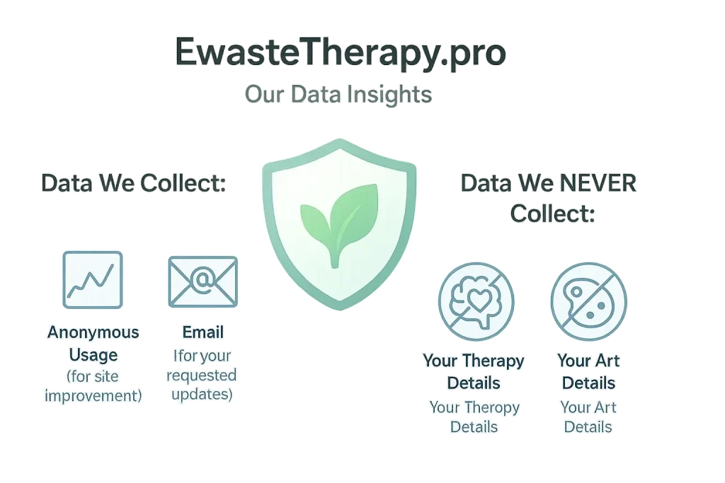 Icons show EwasteTherapy.pro's minimal data: anonymous usage, newsletter email; sensitive data not collected.
